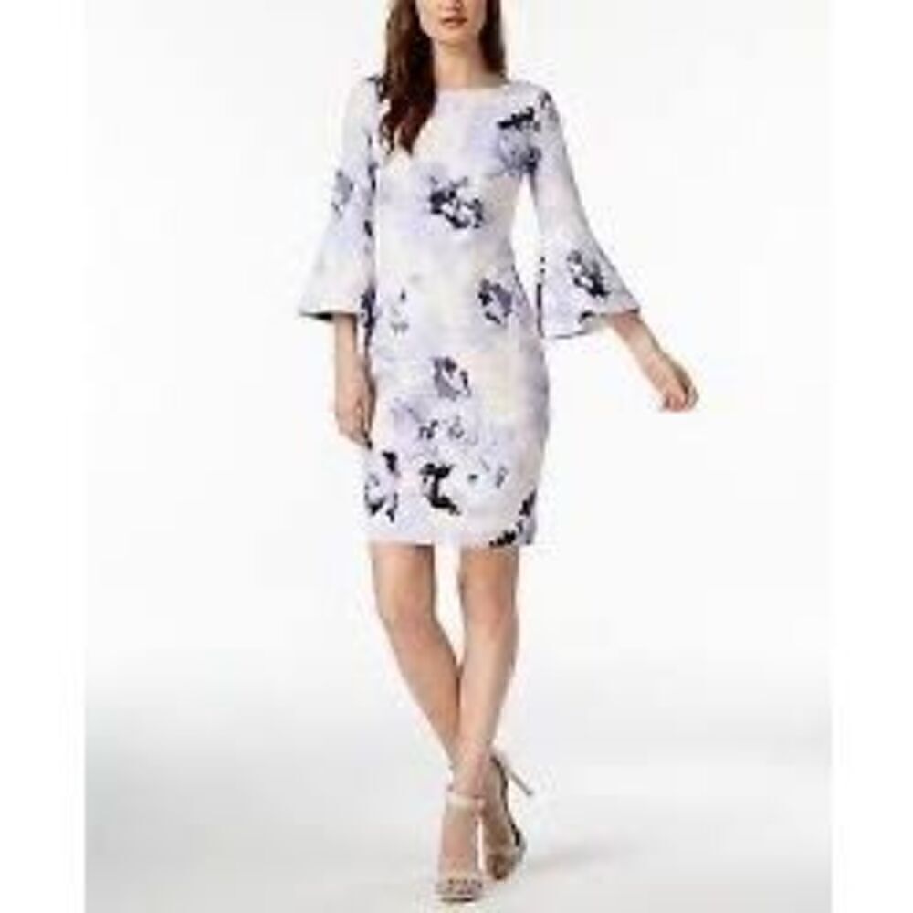 Calvin Klein Women’s Size 4 Floral Print Bell Sleeve Sheath Dress White Purple